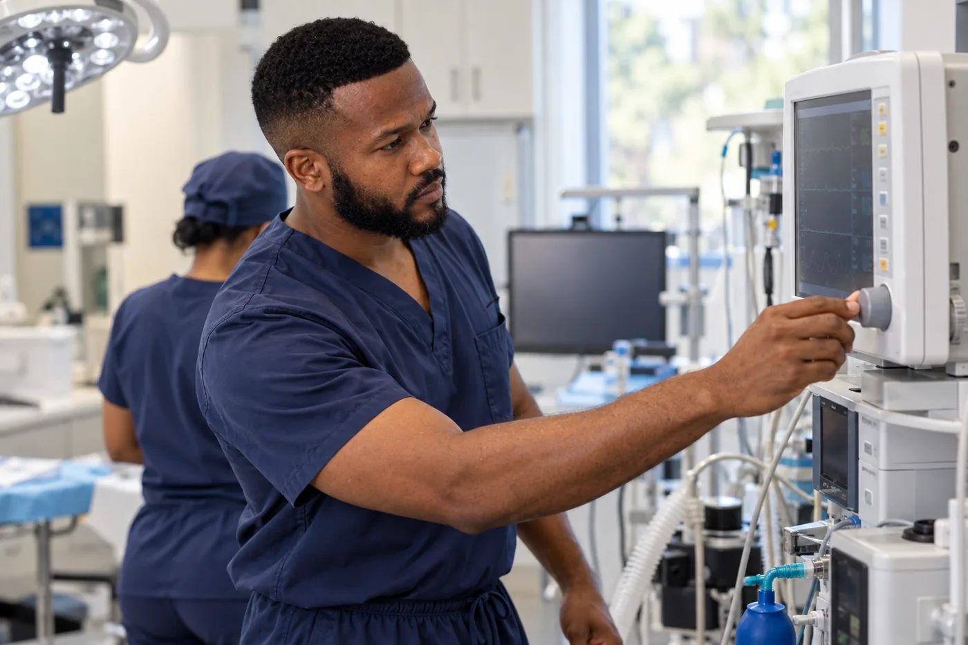 Dr. Peter K. Cudjoe checking anaesthesia monitoring equipment in a treatment room
