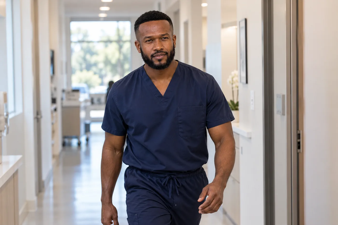 Dr. Peter K. Cudjoe walking along a clinic corridor in scrubs