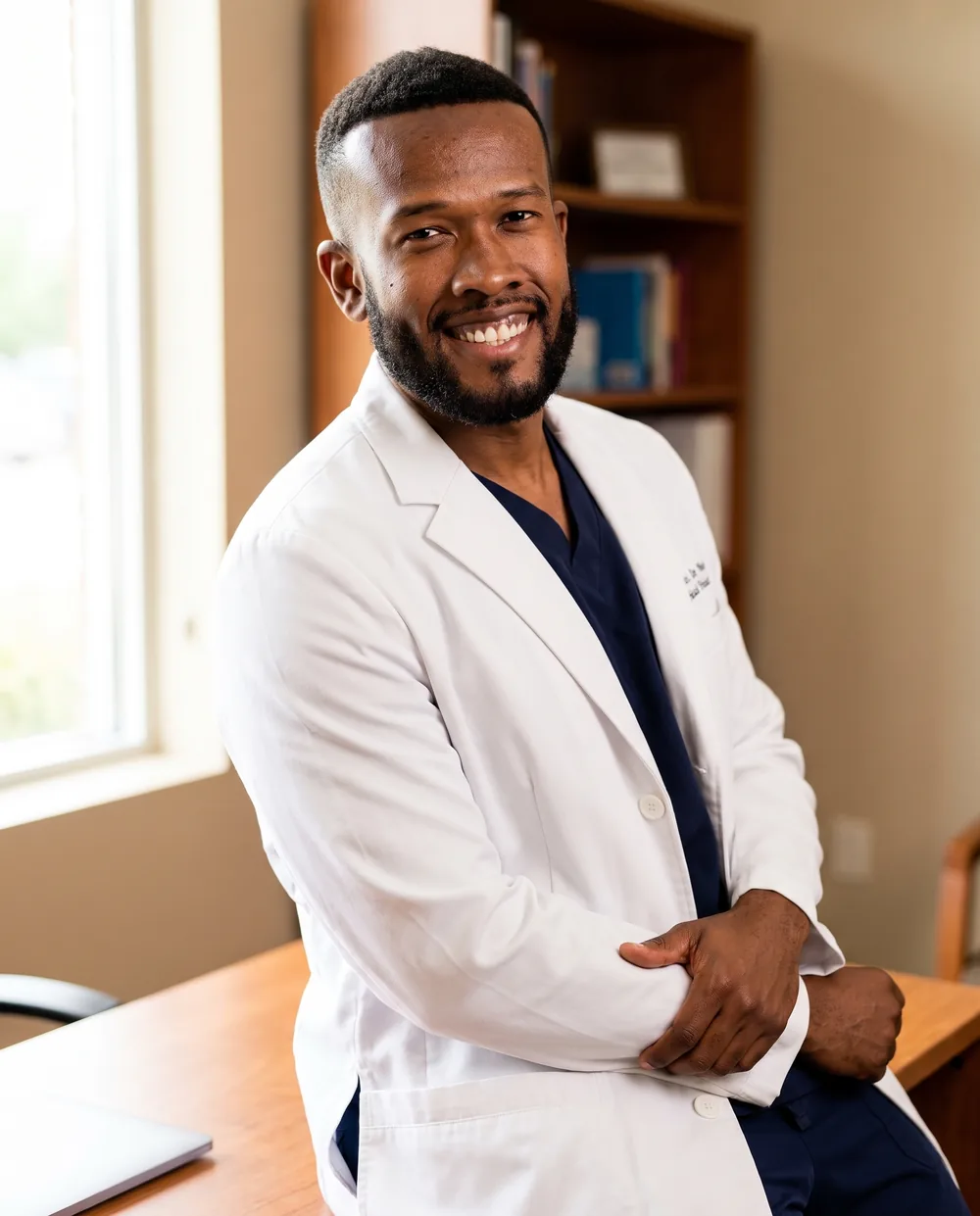 Dr. Peter K. Cudjoe standing beside a consultation desk