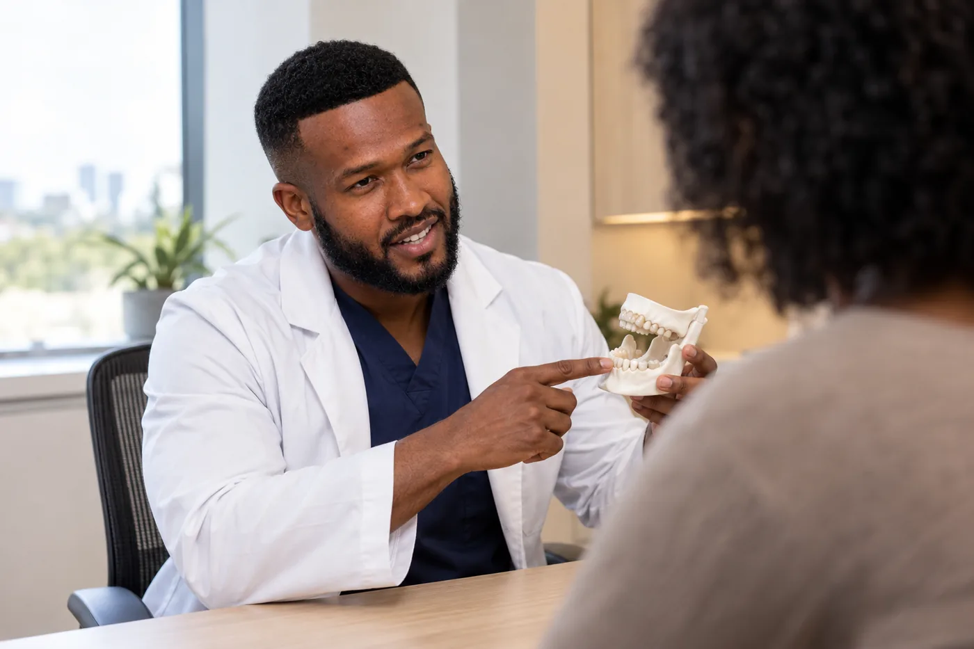 Dr. Peter K. Cudjoe holding an anatomical jaw model while speaking with a patient whose back is to the camera