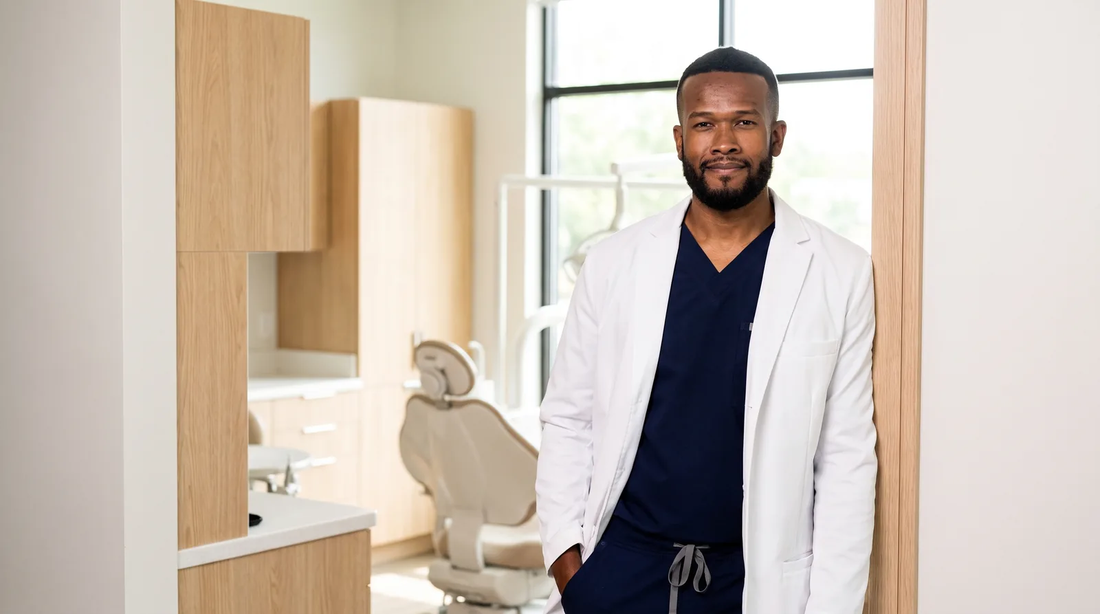 Dr. Peter K. Cudjoe in scrubs and a clinical coat, standing in the doorway of a treatment room