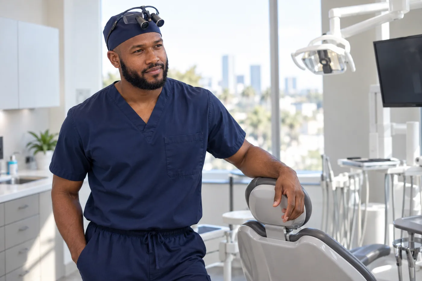 Dr. Peter K. Cudjoe in surgical scrubs beside a dental chair in a treatment room