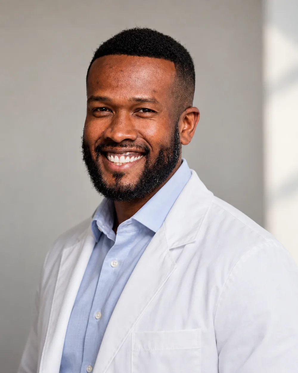 Dr. Peter K. Cudjoe in a clinical coat, photographed at a three-quarter angle