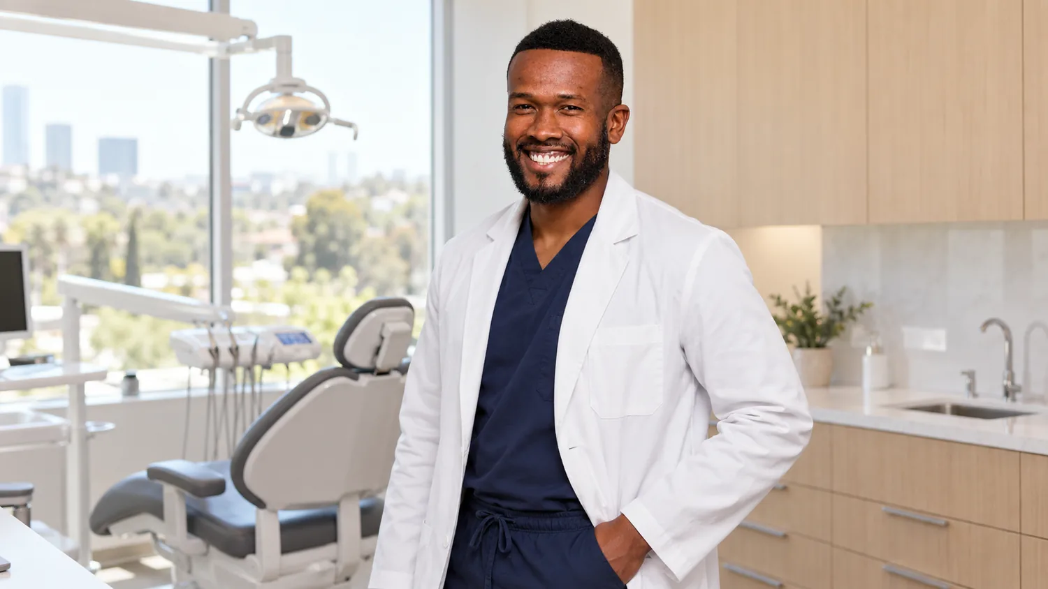 Dr. Peter K. Cudjoe in a treatment room beside a dental chair