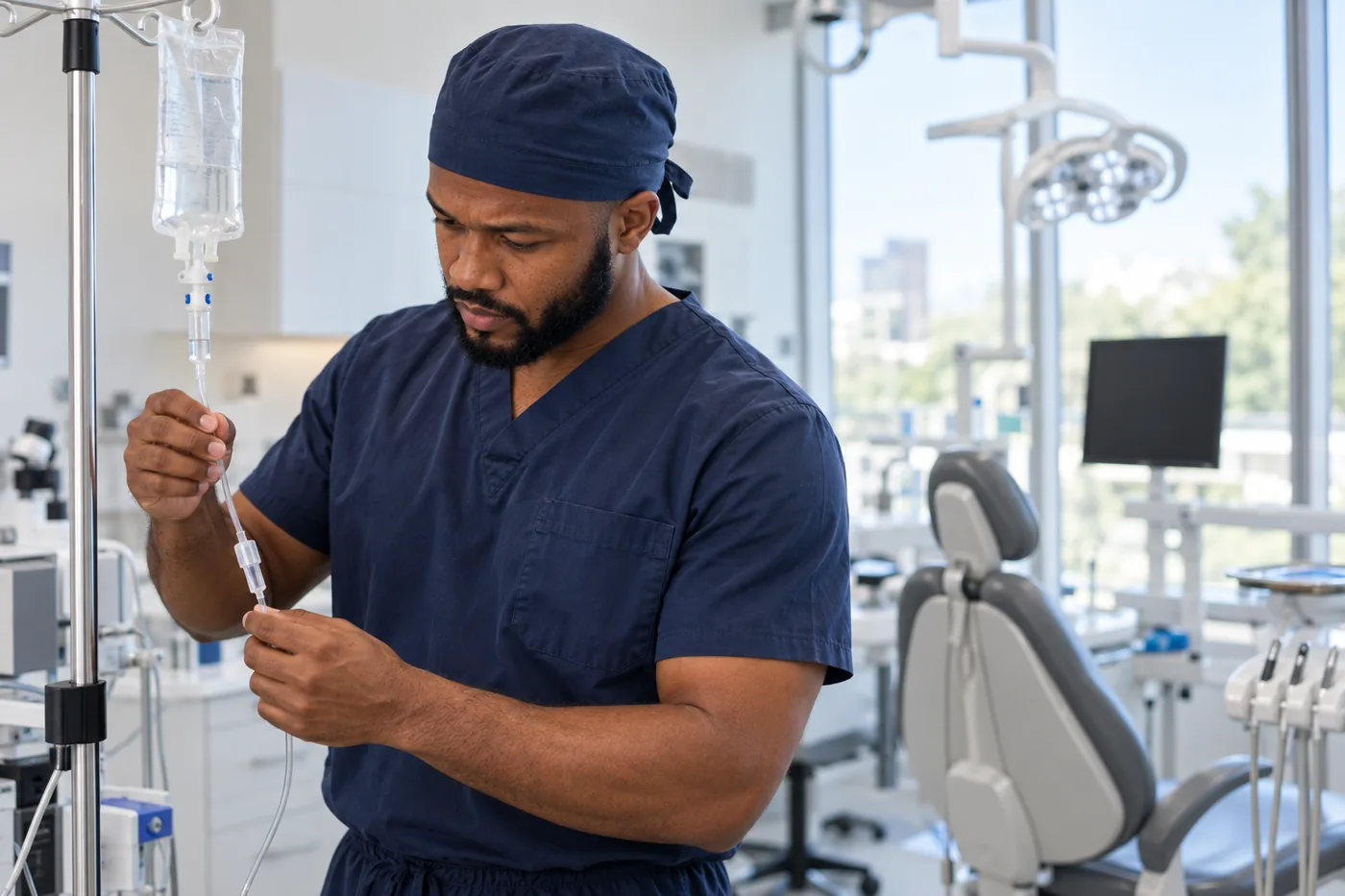 Dr. Peter K. Cudjoe in scrubs checking an intravenous line beside an empty dental chair