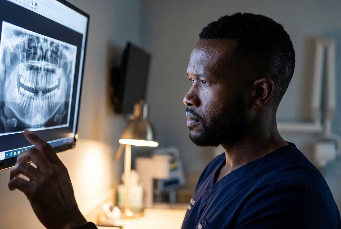 Dr. Peter K. Cudjoe reading a panoramic radiograph on a wall-mounted screen