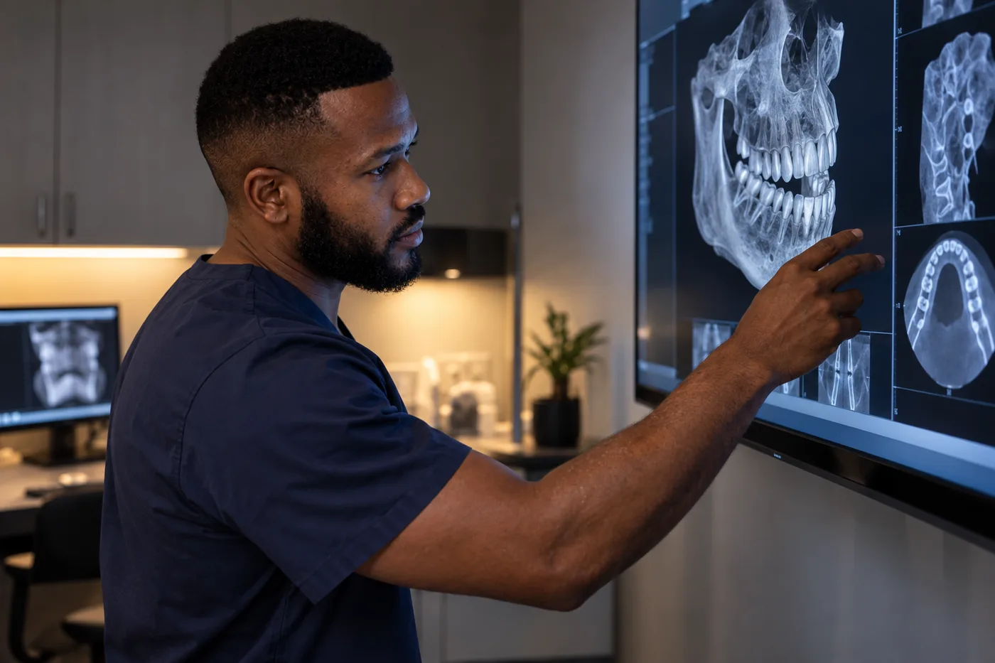 Dr. Peter K. Cudjoe reviewing a three-dimensional scan on a screen