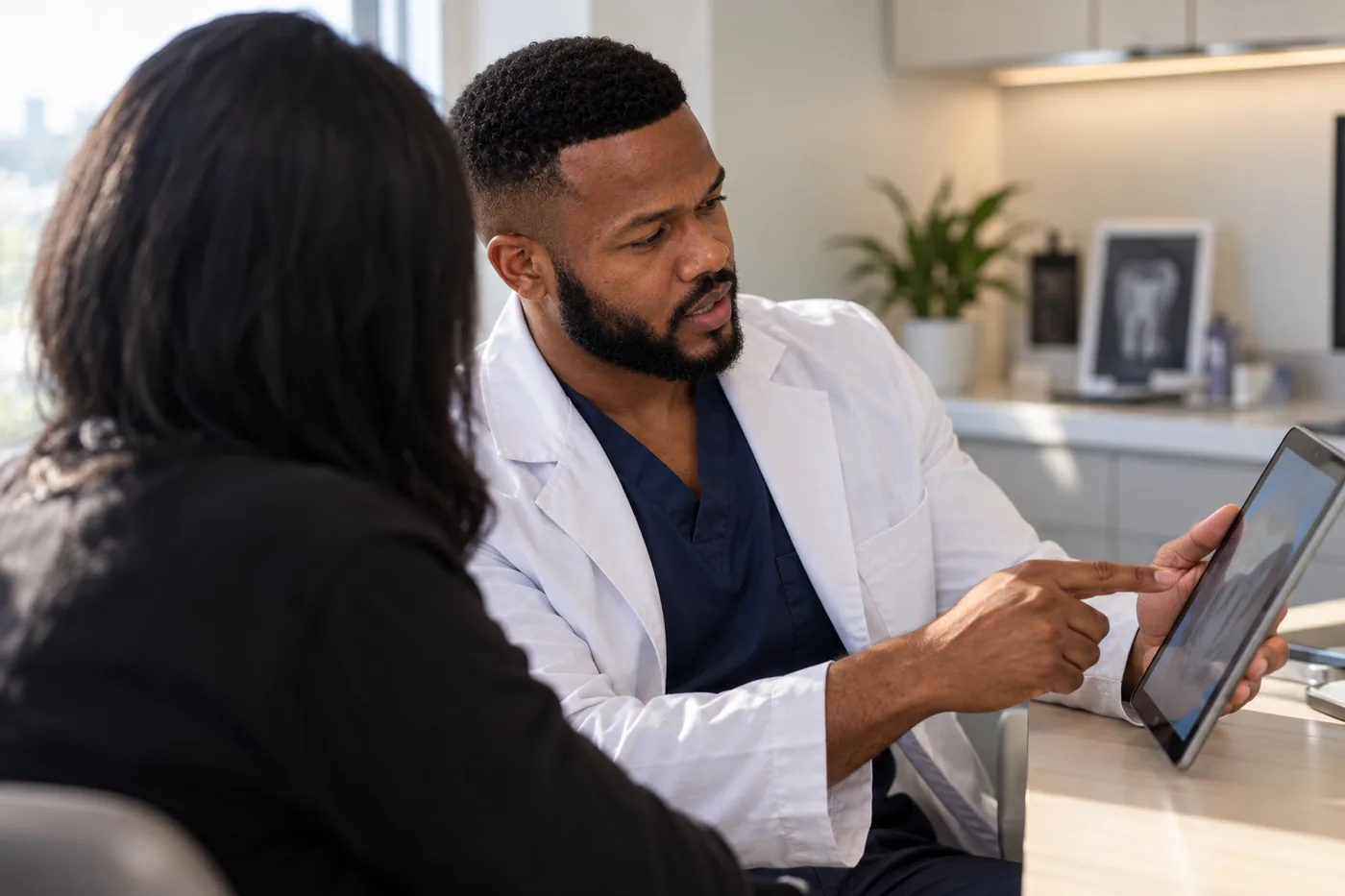 Dr. Peter K. Cudjoe seated beside a patient, both looking at a tablet he is holding