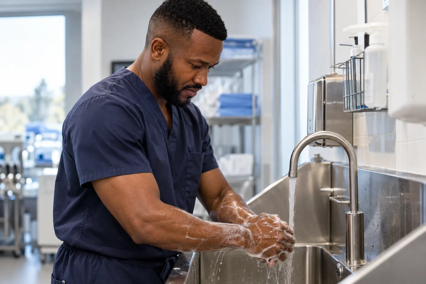Dr. Peter K. Cudjoe washing his hands at a clinical sink