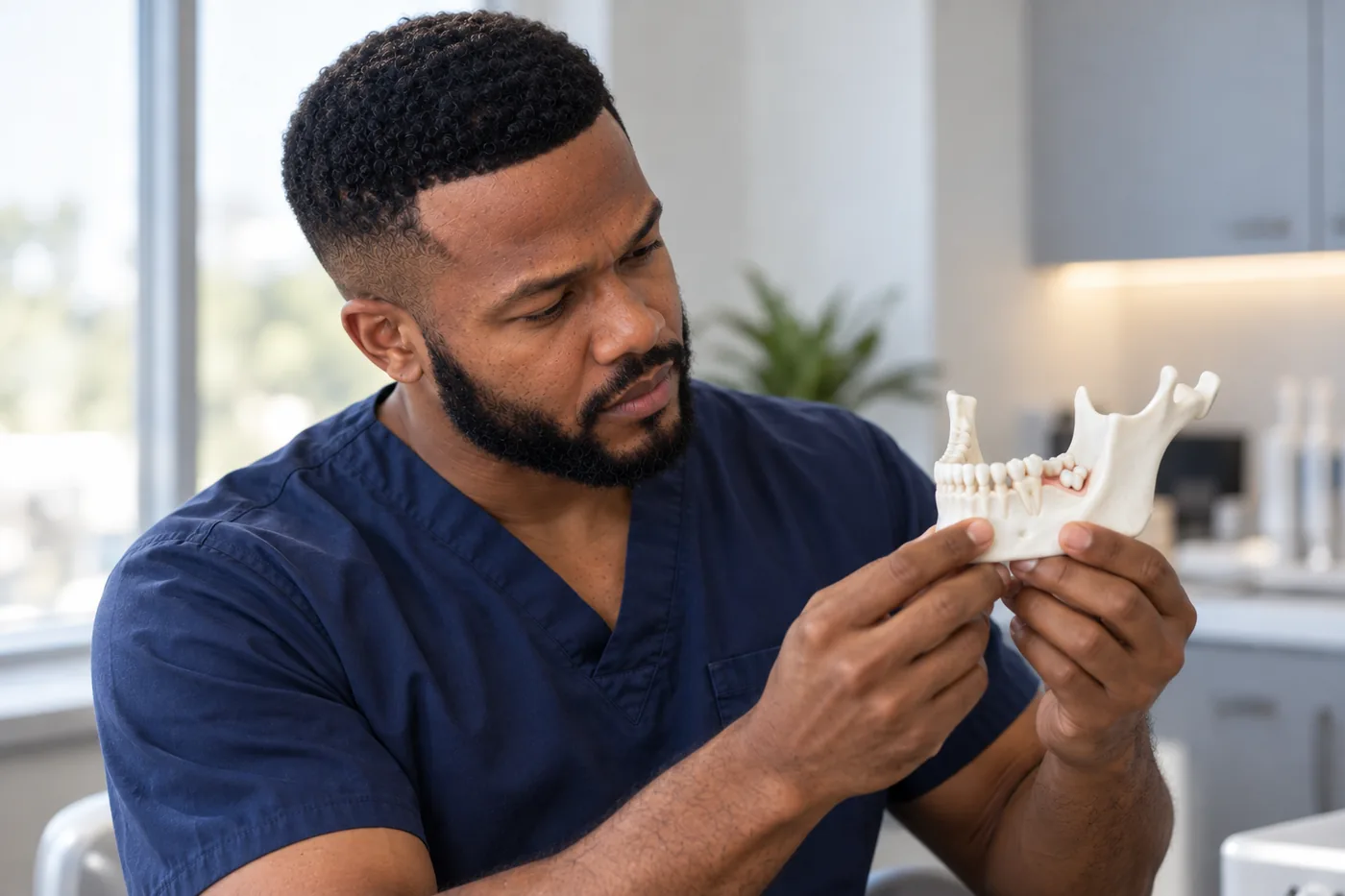 Dr. Peter K. Cudjoe holding an anatomical model of a lower jaw and looking at a rear molar