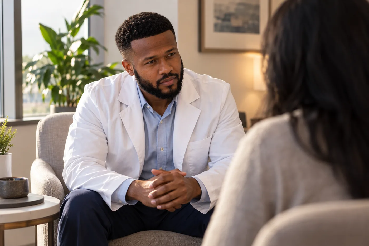 Dr. Peter K. Cudjoe seated in an armchair, speaking with a patient whose back is to the camera