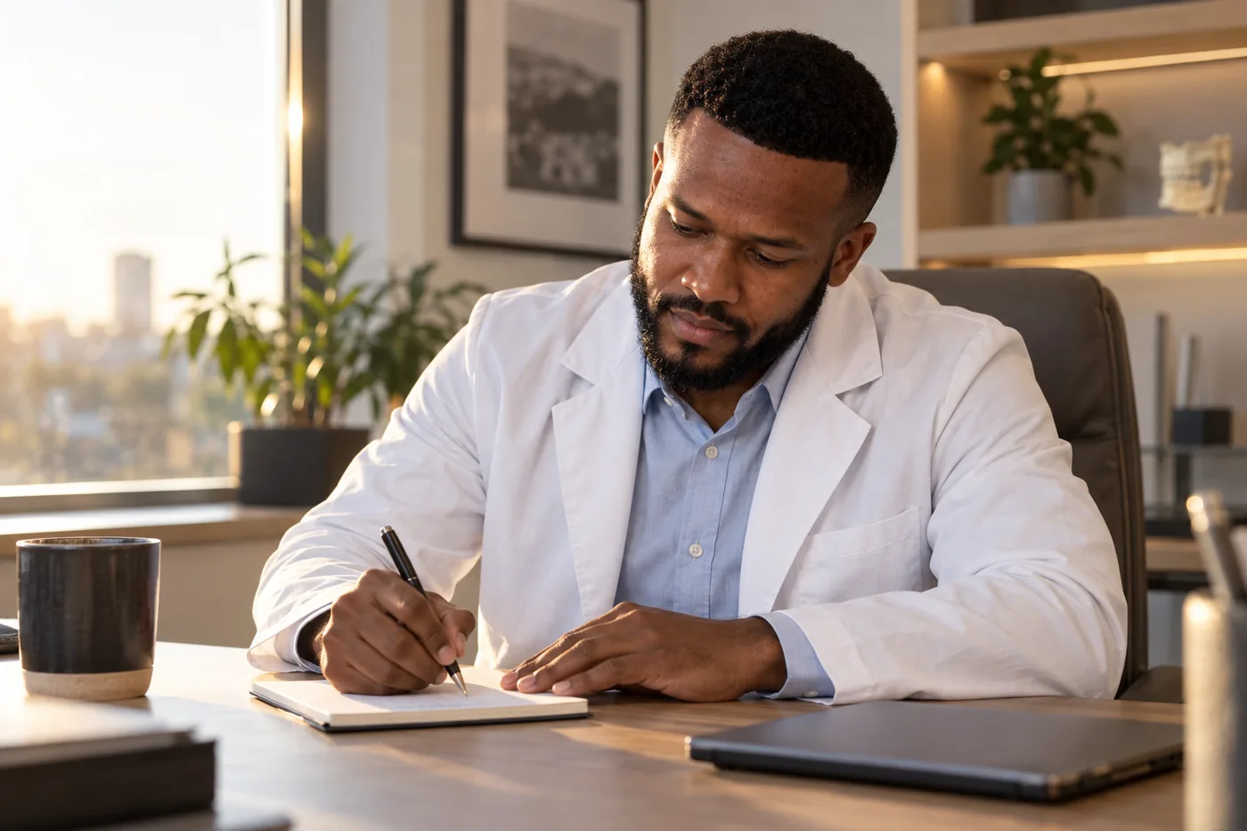 Dr. Peter K. Cudjoe writing notes at a desk in a clinic office